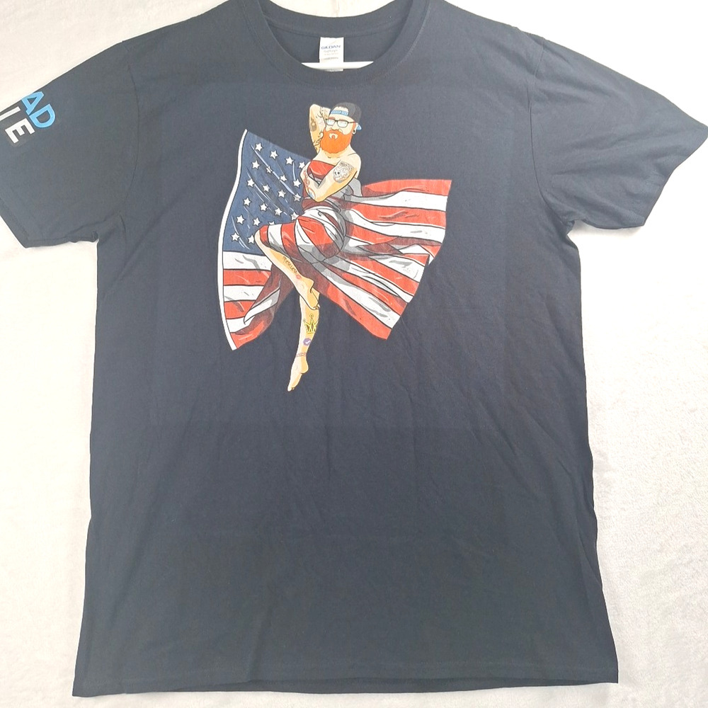 Patriotic USA Flag Tattooed Bearded Man Funny Black T-Shirt Size L